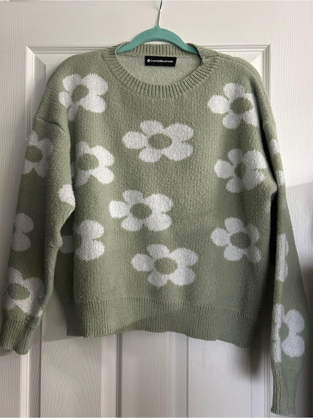 Sage Green & White Floral Crewneck Sweater